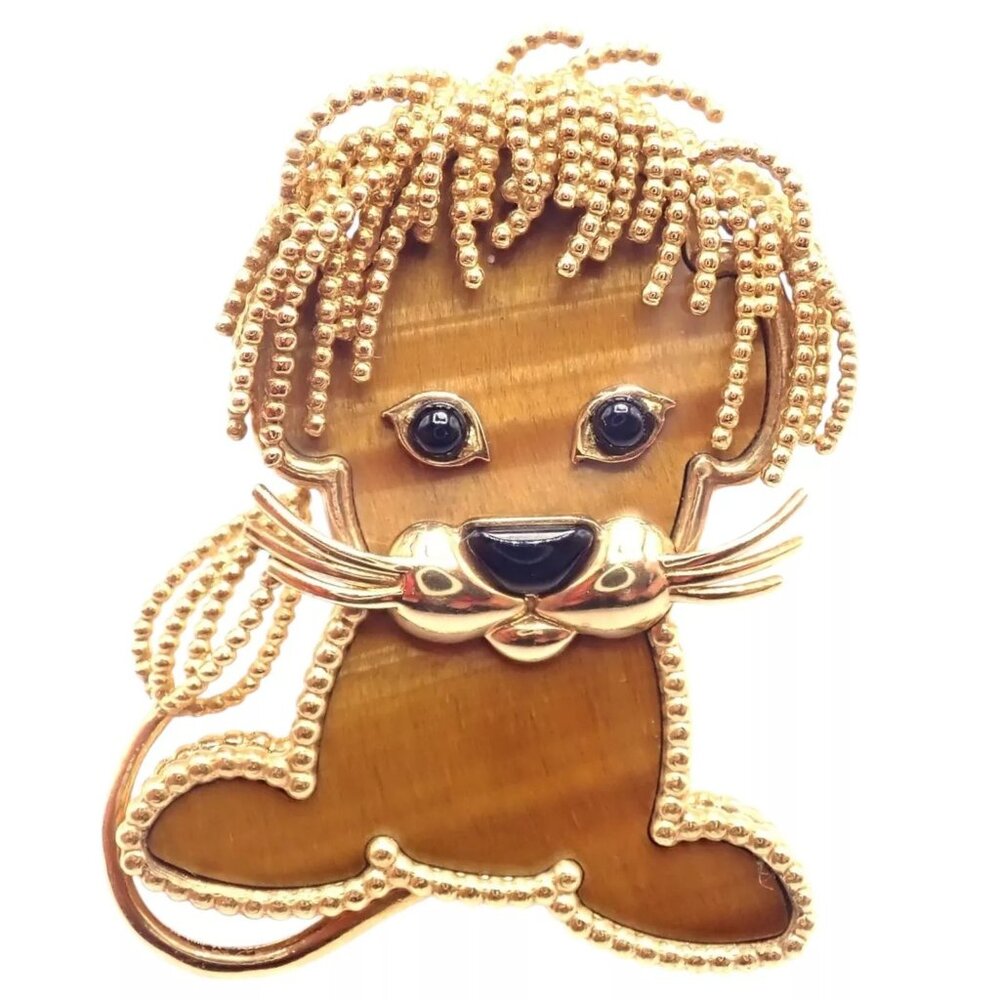 Van Cleef & Arpels 18k Yellow Gold Onyx Tiger Eye Lucky Animals Lion Clip Brooch